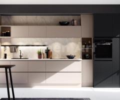 Cuisine Moderne couleurs Cachemire et Noir avec Éclairage LED et Marbre Blanc
