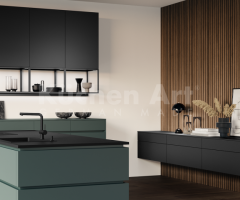 Cuisine moderne vert mat avec Éléments Noirs | Design Épuré avec étagères flottante